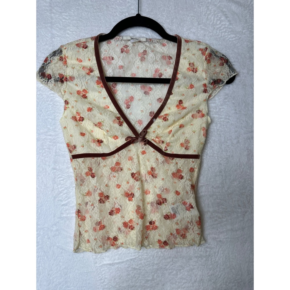 Kimchi Blue Floral Lace V-Neck Cap Sleeve Top Velvet Trim Cream Pink Small